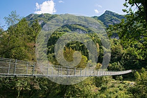 View of suspended bridge in the nature in the Tenno lake, Trentino