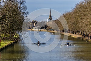 A view from the Suspension bridge of boats on the River Great Ouse in Bedford, UK