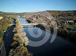 view of susquehanna river in downtown bighamton new york (southern tier, small town usa) aerial view from above photo