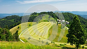 View from Sveti Jakob hill, Landscape with Mountains and Green Meadows. Slovenia, Europe