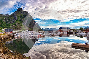 View of Svolvaer harbor in the morning, Norway.