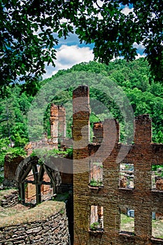 View of the Sweetwater Creek State Park and mill ruins in Douglas County outside Atlanta, USA