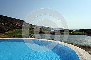 View on swimming pool, lake and sea at Thracian Cliffs resort