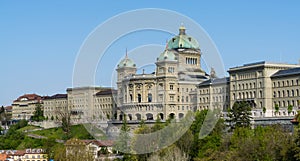 view of the Swiss capitol building or Bundeshaus in Bern