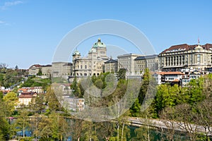 view of the Swiss parliament building or Bundeshaus in Bern