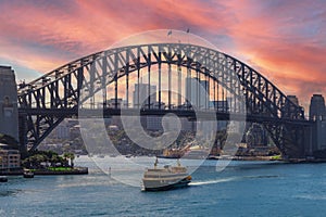 View of Sydney Harbour NSW Australia. Ferry boats partly cloudy colourful