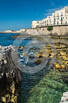 View of Syracuse, Ortiggia, Sicily, Italy, houses facing the sea