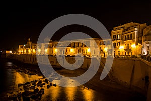 View of Syracuse, Ortiggia, Sicily, Italy, houses facing the sea