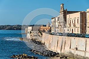 View of Syracuse, Ortiggia, Sicily, Italy, houses facing the sea