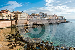 View of Syracuse, Ortiggia, Sicily, Italy, houses facing the sea photo