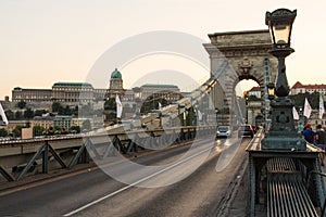 View of the Szechenyi Chain Bridge and Buda Castle in Budapest at sunset. Hungary