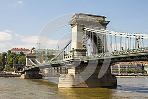 View of the Szechenyi Chain Bridge in Budapest. Hungary