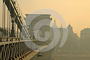 View from Szechenyi Chain Bridge in the fog, Budapest, Hungary