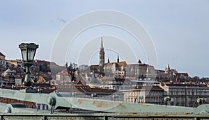 View from the Szechenyi Chain Bridge to the Fishermen`s Bastion in Budapest, Hungary