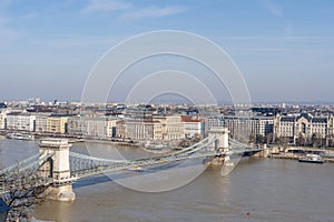 View of Szenchenyi Chain bridge over Danube river in Budapest winter