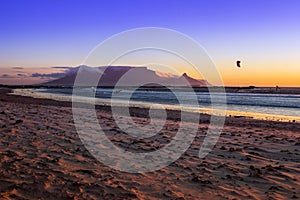 View of Table Mountain and Cape Town city coastline at sunset, Cape Town