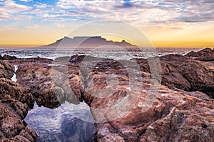 View of Table Mountain and Cape Town city coastline at sunset, Cape Town