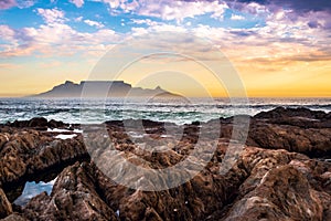 View of Table Mountain and Cape Town city coastline at sunset, Cape Town