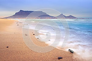 View of Table Mountain and Cape Town City at sunset on a beautiful morning, Cape Town