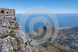 view from the Table Mountain in Cape Town South Africa, view over ocean and Lions Head from Table Mountain Cape Twon