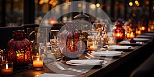 A view of the table with a romantic serving in the interior of the restaurant, where candles creat