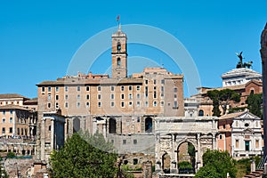 A view of the Tabularium, the Arch of Septimius Severus and several ancient ruins at the Roman Forum in Rome, Italy
