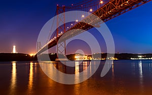 View of the Tagus River and the 25 of April Bridge Ponte 25 de Abril at night, in Lisbon, Portugal.