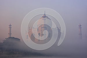 View of Taj Mahal in early morning fog, Agra, Uttar Pradesh, India