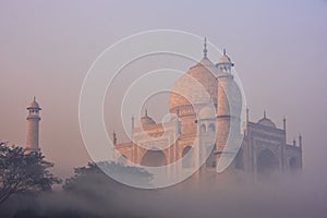 View of Taj Mahal in early morning fog, Agra, Uttar Pradesh, India