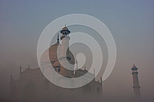 View of Taj Mahal in early morning fog, Agra, Uttar Pradesh, India