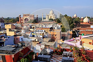 View of Taj Mahal from the rooftop restaurant in Taj Ganj neighborhood in Agra, India