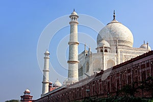 View of Taj Mahal with sandstone wall from Yamuna river, Agra, U