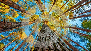 A view of a tall pine tree looking up at the sky, AI