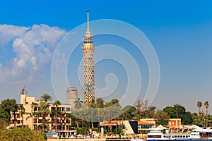 View of tall TV tower in Cairo, Egypt