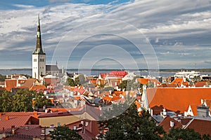 View of Tallinn Old Town, Baltic Sea and St. Olaf in a summer day, Estonia