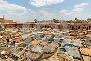 View of a tannery in the souk of Marrakesh, Morocco