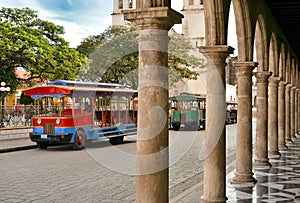 View of tansport on main square in Campeche, Mexico.