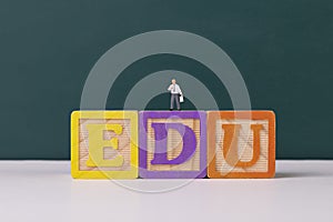 View of teacher figurine on an EDU wooden letter blocks