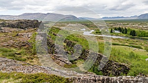 View of tectonic plates and creek in Thingvellir National Park in Iceland