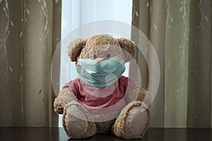 View of teddy bear with medial mask on its face