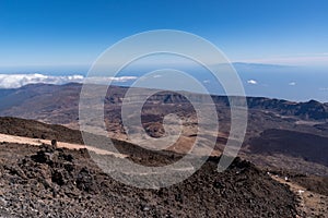View from Teide Ñ‚Ð¾ Las Canadas Caldera volcano with solidified lava and Montana Blanca mount. Teide national Park, Tenerife,