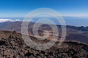 View from Teide Ñ‚Ð¾ Las Canadas Caldera volcano with solidified lava and Montana Blanca mount. Teide national Park, Tenerife,