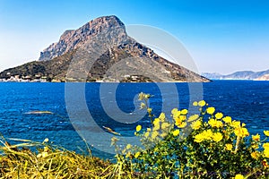 A view of the Telendos island, from Myrties village in Kalymnos island, Greece.