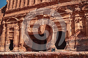 View of the temple and building carved into the sandstone rock. Petra, Jordan.