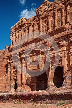 View of the temple and building carved into the sandstone rock. Petra, Jordan.