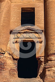 View of the temple and building carved into the sandstone rock. Petra, Jordan.