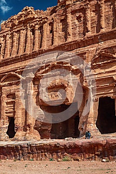 View of the temple and building carved into the sandstone rock. Petra, Jordan.