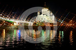 View of the Temple of Christ the Savior in Moscow at night.