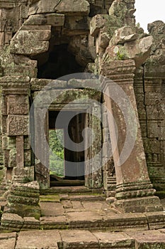 View through temple doorway with wonky pillar