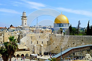 View of the Temple Mount with the Western Wall, minaret and golden Dome of the Rock